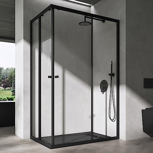 doporro Cabina de ducha de esquina puerta corredera 120x90cm mampara de ducha incl. Plato de ducha cristal transparente 6mm ESG Ravenna16K plus negro