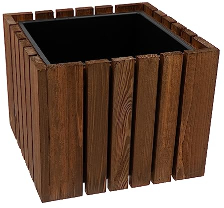 HRB Blumentopf Vintage eckig aus Echtholz braun, hochwertiger Holz Pflanztopf mit Kunststoffwanne mit 7 L Volumen für Innen und Außen, die Pflanzkübel haben EIN einzigartiges Design