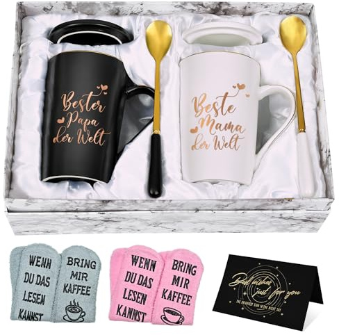 Joymaking Kaffeetasse Geschenkset mit Socke, Tasse Geschenk Beste Mama & Papa der Welt zum Muttertag Vatertag Weihnachten, Personalisierte Geschenkidee für Eltern 400ml Schwarz Weiß Tasse Geschenkset