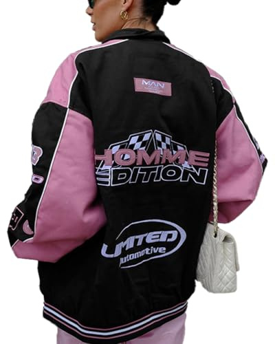 ticticlily Bomberjacke Damen Muster Patchwork Bedruckte Übergangsjacke College Baseball Sport Jacken Vintage y2k Hiphop Racing Sweatjacke A13 Rosa L