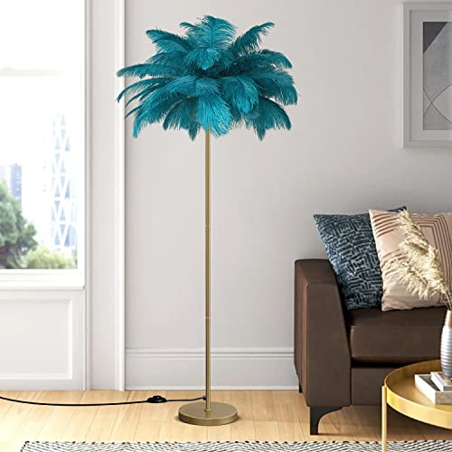 YQGOO Federlampe Stehlampe Wohnzimmer Feder Stehlampe 3 Farbtemperaturen 160 cm Stehlampe, moderne goldene LED Stehlampe G4-Glühbirne mit Straußenfeder-Lampenschirm Schlafzimmerdekoration (Blue)