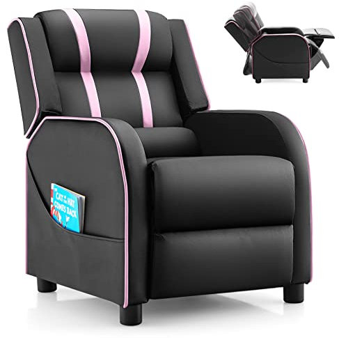 COSTWAY Children Recliner Chair, PU Leather Kids Armchair Sofa with Adjustable Backrest & Footrest, Side Pocket, Upholstered Gaming Lounger for Boys Girls (Black+Pink)