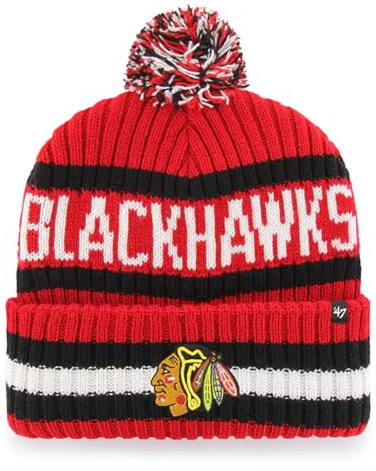 47 NHL Unisex-Adult Team Color Officially Licensed Primary Logo Bering Sport Knit Cuffed Pom Beanie Cold Weather Hat, Chicago Blackhawks Red, One size