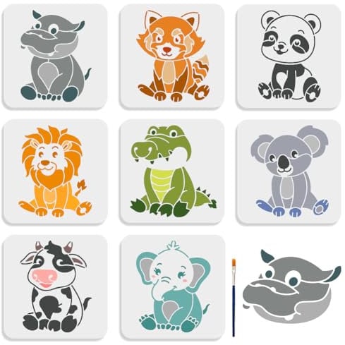 MAYJOYDIY 8 Stück Tierschablonen Kleiner Panda Löwe Koala Kuh Elefant Schablone 20 x 20 cm Wiederverwendbar Tiermalschablonen mit Pinsel für Holz Felsen Leinwand Stoff Glas