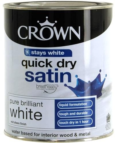 AMK® Crown Quick Dry Satin Paint 750ml Pure Brilliant White Water Based Interior Wood Metal Finish Low Odour Non Yellowing Durable Wipeable Mid Sheen Trim Skirting Doors Frames