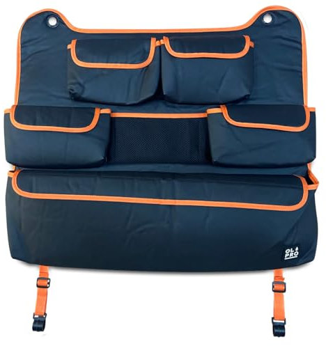 OLPRO Rücksitz-Organizer für Doppelsitz – Orange – Rücksitzaufbewahrung mit verschließbaren Taschen, Netz-Panel & einfache Installation – Autositz-Organizer für Kinder, lange Reisen, Vans, Wohnmobile