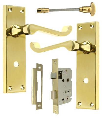 DISCOUNT HARDWARE UK Victorian Scroll Brass Door Handle Set with Lock and Key for Bedroom, Bathroom, External Door