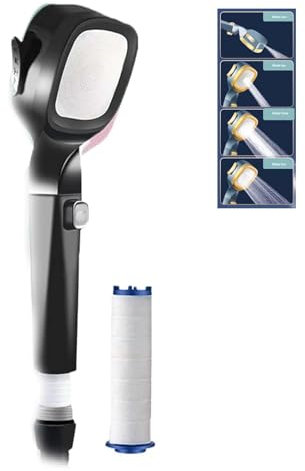 4-Mode Handheld Pressurized Shower Head with Pause Switch, Multifunctional Handheld Pressurized Showerhead with Water Filter (Black)