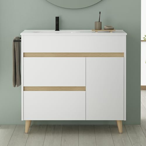 AMIZUVA - Ensemble De Meuble De Salle De Bain Kaori avec 2 Tiroirs Et 1 Porte - Largeur 90 Cm - Inclut Lavabo en Céramique Et Miroir Inclus - Blanc Brillant - Meuble Lavabo 90x85,5x46 Cm