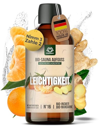 NORDHOLZ® Saunaaufguss BIO [NATURREINE ÄTHERISCHE BIO-ÖLE] Sauna Aufgussmittel #16 Leichtigkeit 100ml Ingwer, Mandarine - Sauna Aufguss - Saunaöl