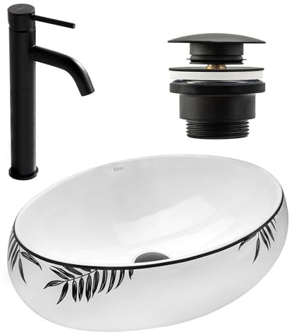 Rea Set Shila Aufsatzwaschbecken + langer Waschtischarmatur mattschwarz + mattschwarzer Stöpsel Bad Waschbecken 310 x 465 x 150 mm Keramik (schwarz/weiß)
