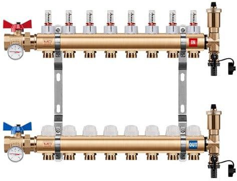 MD Technic Heizkreisverteiler aus Messing von 2 bis 16 Heizkreisen mit Druchflussmesser, Handventilen, Wandhalterungen, Endset zum Befüllen und Auto. Schnellentlüftern (Kugelhahn Gerade, 8 Heizkreise)