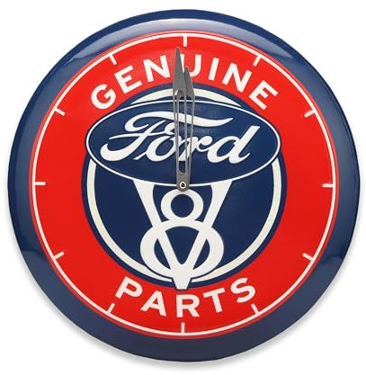 Open Road Brands Ford V8 Original Teile Runde geprägte Metall-Wanduhr – Vintage Ford-Uhr für Garage, Geschäft oder Männerhöhle