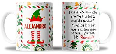 Genérico Taza Personalizada Elfo de Navidad con el nombre del niño o niña y el nombre de su Elfo