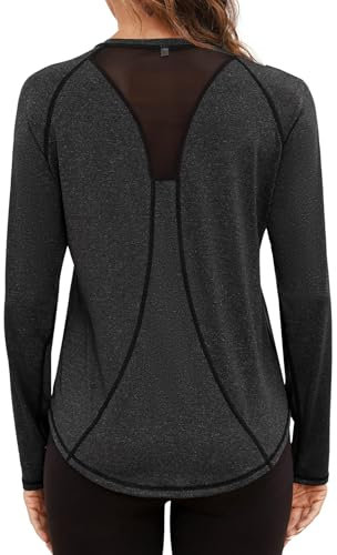 Gyabnw Long Sleeve Running Top Womens Gym Yoga Tshirt Workout Sports Shirt Pilates Activewear Black