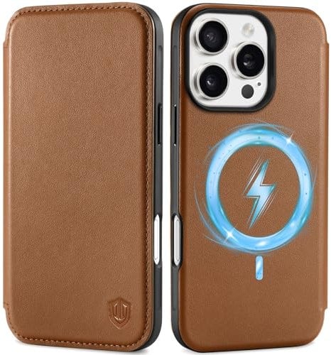 SHIELDON Case for iPhone 16 Pro 6.3, Genuine Leather Slim Wallet [3 Card Slots][RFID Blocking][Magnetic Closure][Wireless Charging] Protective Flip Cover Compatible with iPhone 16 Pro - Saddle Brown