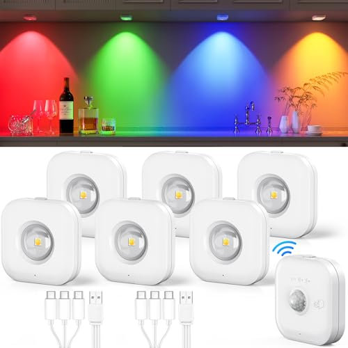 Coovee Schrankbeleuchtung Aufladbar RGB Spots Akku, Unterbauleuchte LED mit Fernbedienung & 5 Farbtemperaturen 2 Dynamischer Modus,Magnetisch Dimmbar Kabellos Vitrinenbeleuchtung Indirekte Beleuchtung