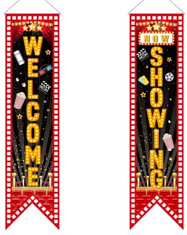 2 Uds Cartel de Porche con Temática de Noche de Cine, 120x30cm Welcome Now Showing Bandera de Noche de Cine Decoraciones para Fiestas Temáticas de Noche de Cine para el Hogar Fiesta de Cine