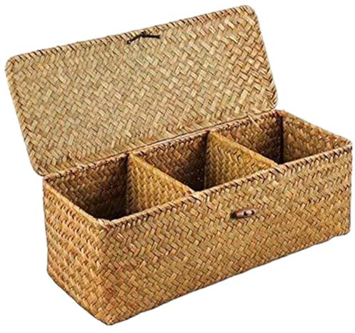 Hperu 3-Section Wicker Storage Basket with Lid - Rectangular Woven Toilet Roll Organizer for Desktop, 13x5x4