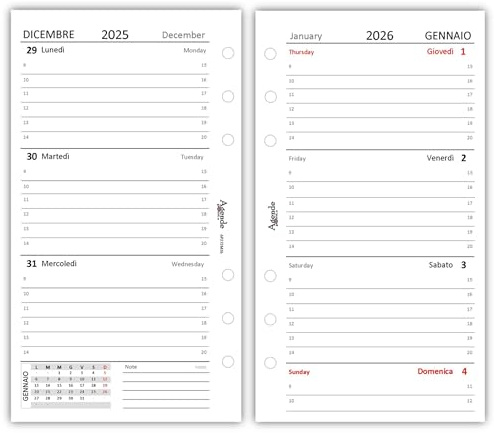 Agendepoint.it Ricambio Agenda Organizer Settimanale 2026 a Righe, Layout su 2 Pagine, Carta 90gr, Calendario Annuale 2026, Note Personali, Bianco, 9,5x17 cm