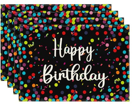 Artoid Mode Schwarz Punkte Happy Birthday Geburtstag Platzsets 4er Set, 30x45cm Couchtisch Urlaub Tischsets Platzdeckchen Küche Party Deko