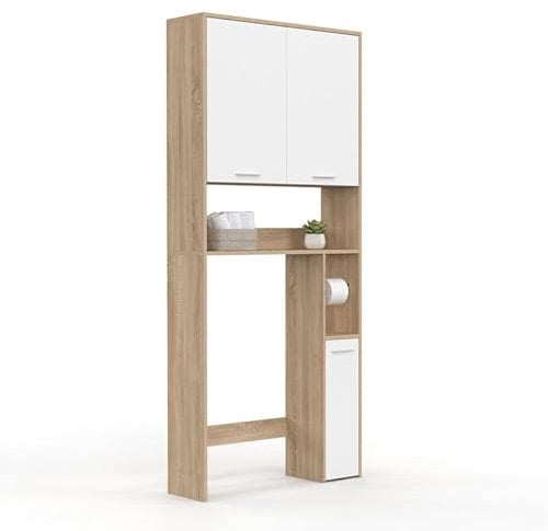 IDMarket WALLIS – Mueble estante superior para inodoro de madera de haya y blanco