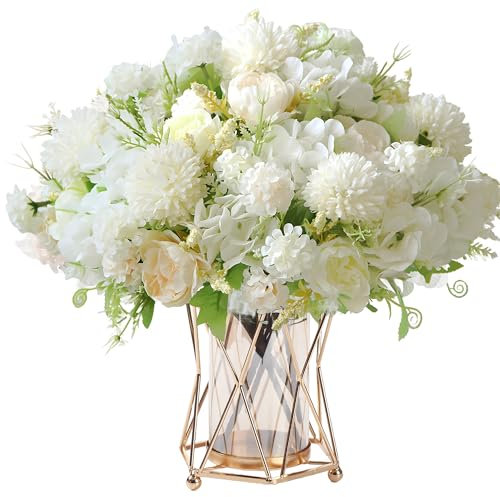 HNVNER Ramo de hortensias artificiales de seda blanca, 2 ramos, flores artificiales mixtas, decoración para bodas, fiestas, centros de mesa, arreglos florales, hogar, cocina