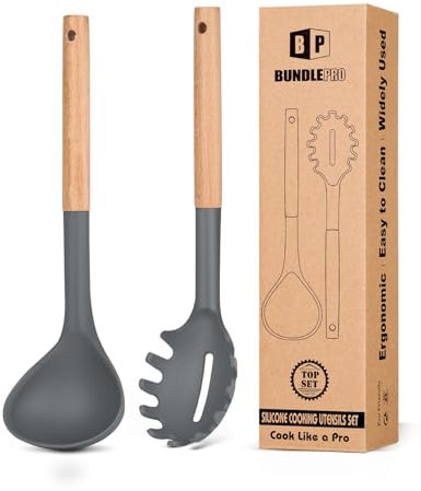 Silikon Spaghettilöffel und Schöpflöffel Set mit Holzgriff, hitzebeständige und antihaftende Küchenutensilien zum Kochen, Rühren, Servieren Spaghetti, Suppe, Soße(Grau)