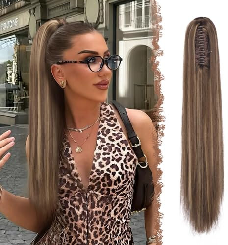FESHFEN Coda Capelli Lisci Extension con Pinza - Lunghi Dritto Liscia Coda Finta Capelli Sintetici Posticci Ponytail Extensions Coda di Cavallo per Donna, 63 cm Biondo Miele Misto Marrone Chiaro