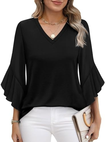 Aokosor Womens Tops 3/4 Sleeve Tops for Women UK V Neck Blouses for Women Ruff Sleeve T Shirts Ladies Tunic Tops Size 22-24 Black