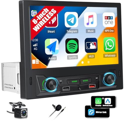CAMECHO Reproductor MP5 con Pantalla táctil de 8 Pulgadas con Carplay/Android Auto Wreless, Radio de 1 DIN Compatible con vídeos Online de Youtube,FM/Am, Salida de vídeo,2 Puertos USB +Cámara Trasera