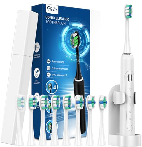 Elektrische Zahnbürste, Schallzahnbürste für Erwachsene und kinder, Electric Toothbrush mit 5 Modi, Reiseetui, 40000VPM und 8 Zahnbürstenköpfen, 60 Tage Akkulaufzeit, Timer (Warmweiß)