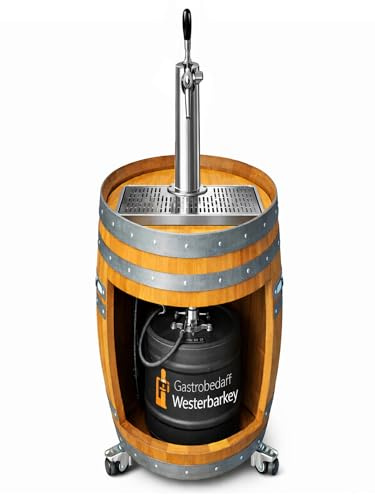 GASTROBEDARF WESTERBARKEY Echtes Holzfass auf Rollen mit Zapfanlage Schanksäule Kegverschluss Tropfblech Schankhahn Co2 Flasche Druckminderer Handgefertigt