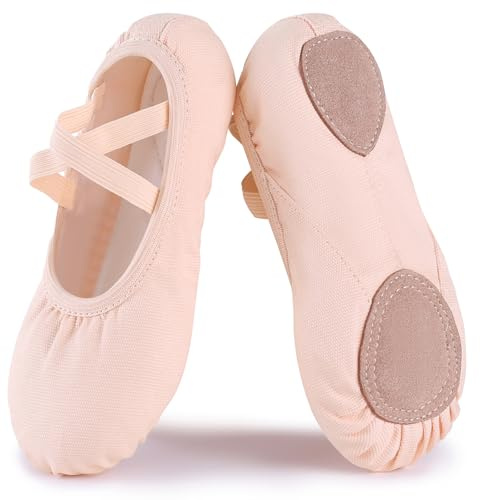 Acfoda Ballet Shoes Girls Canvas Soft Dance Slippers Split Leather Sole Ballerina Gymnastics Yoga Flats Comfortable with Elastic Straps for Kids Women Pink 4 UK