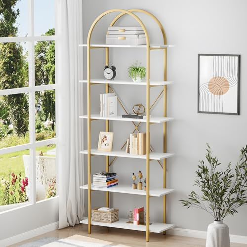 Arbuxzuy 6 Tier Bookshelf, 83 Tall Arched Bookcase, Tall Book Shelf with Metal Frame, Modern Display Standing Shelf for Living Room, Home Office, Bedroom, Gold