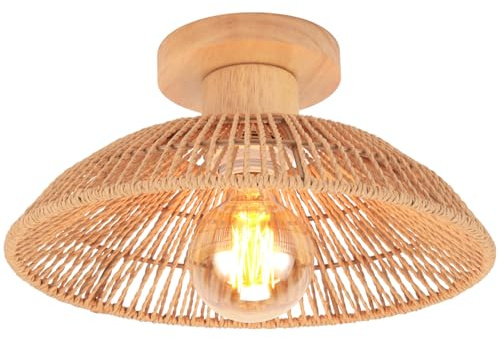 iDEGU Retro Deckenleuchte 30cm Vintage Lampe Boho Design Deckenlampe Lampenschirm aus Rattan und Holz E27 Beleuchtung Dekoration Kronleuchter für Wohnzimmer, Flur, Esszimmer (Rattan Braun)