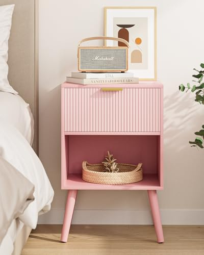 Apetaccat Nachttisch Holz, Beistelltisch mit 1 Schubladen und offenes Fach, Nachtschrank für Schlafzimmer, Wohnzimmer, 39x29x60CM, Rosa