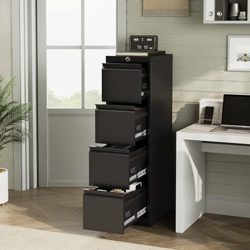 Crevyteg 4-Drawer Black Metal File Cabinet with Lock, Heavy Duty Vertical Filing Unit for Letter/Legal/A4/F4 Documents, Secure Office Storage, Requires Assembly, 52.4 H x 14.96 W x 17.72 D