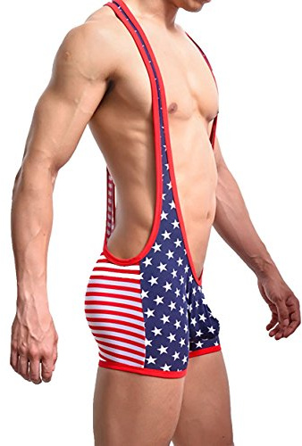 S Forever Men's Sexy Sports Jockstrap Jumpsuit,USA Flag Bodysuit Wrestling Singlet (Large)