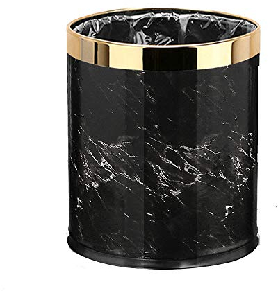 Luxury Metal Waste Bin with Leather Cover,Open Top Office Wastebasket,Double Layer Trash Can,Round Shaped (Black Marble w/ Gold Ring)