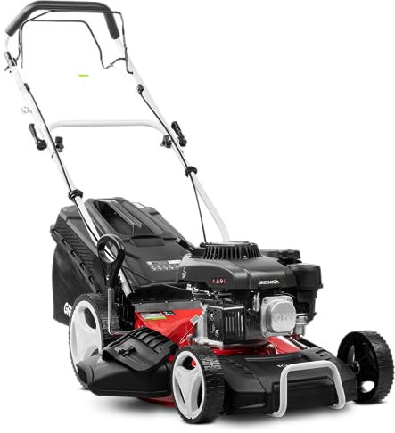 GREENCUT GLM770X - Cortacésped Gasolina 150cc 6cv, Motor 4 Tiempos OHV autopropulsado, Cuchilla Acero de Doble Filo de 460mm 18, Altura de Corte Regulable y Cesta con Capacidad de 55L