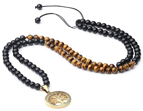 COAI Unisex Verstellbare 108 Mala Yoga Kette Buddhistische Halskette Gebetskette aus Tigerauge und Obsidian mit Baum des Lebens Anhänger