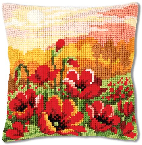Vervaco Kreuzstich Stickpackungen Kissen Stickerei Set Anfänger Vorgedruckt Mohnblumen DIY Set Kreativ Set Für Erwachsene Dekoratives Kissen ca. 40 x 40 cm Bastelset Handwerker Haus Dekoration