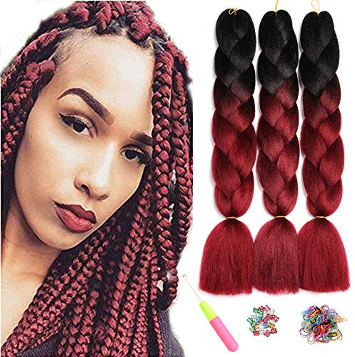 Extensiones de Pelo Trenzas Africanas, Showjarlly 24 Pelo Trenzas Africanas Extensiones, 3 Pc Pelo Sintetico Trenzas de Crochet Para Pelo Trenzas Africanas Extensiones Negro/Vino Tinto