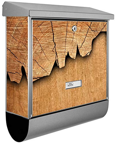 banjado®️ Burgwächter Briefkasten Edelstahl 38x39x12cm mit Motiv Holz/Briefkasten mit Zeitungsfach/Briefkasten mit Zeitungsrolle/Postkasten inkl. Montagematerial & 2 Schlüsseln