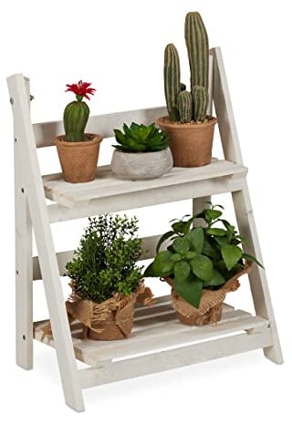 Relaxdays Fioriera a Scala, per Interni e Esterni, Design Shabby-Chic, Richiudibile, HLP 51x41x25 cm, 2 Livelli, Bianco