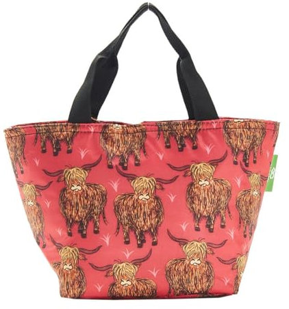 ECO CHIC Lightweight Foldable Insulated Lunch Bag Water Resistant Cooler Bag (Highland Cow Red)