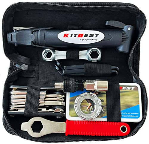 Kitbest Fahrrad Reparaturset, 15 Pcs Fahrrad Werkzeug Set mit Fahrrad Satteltasche Fahrradpumpe und 16-in-1 Fahrrad Multitool, Fahrrad Werkzeug Reparaturset Flickzeug Set Fahrradwerkzeug für Unterwegs