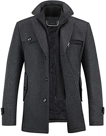YOUTHUP Herren Wollmantel Dick Winter Regular Fit Kurzmantel Übergang | Abnehmbarer Innenkragen, Reißverschluss Knöpfe, Solid, Warm, Trenchcoat, Wintermantel, Freizeit, Business