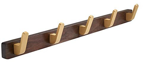 SARIHOSY 5 Haken Wandgarderobe mit Gold Zinklegierung Garderobenhaken Walnuss Holzsockel für Badezimmer Küche Garderobenbügel Gebogene Haken -5 Haken